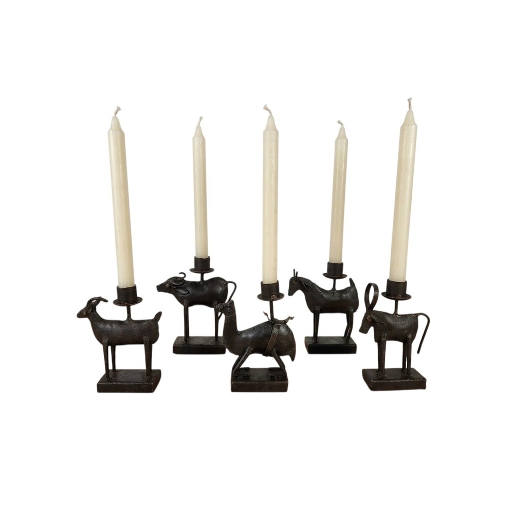 5 VTG Wrought Iron Metal Animal Candle Holders Nativity Brutalist Folk Art Set